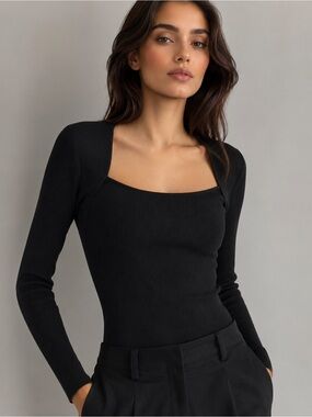 TOCCIN NY Ribbed Square Neck Knit Top Black Size Medium